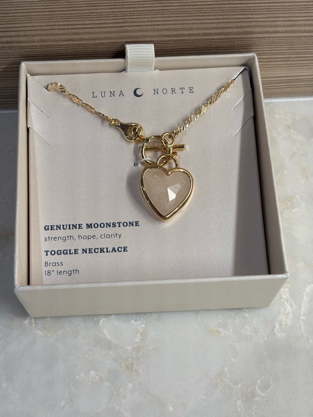 NIB Luna Norte Gold Heart Moonstone Toggle Necklace